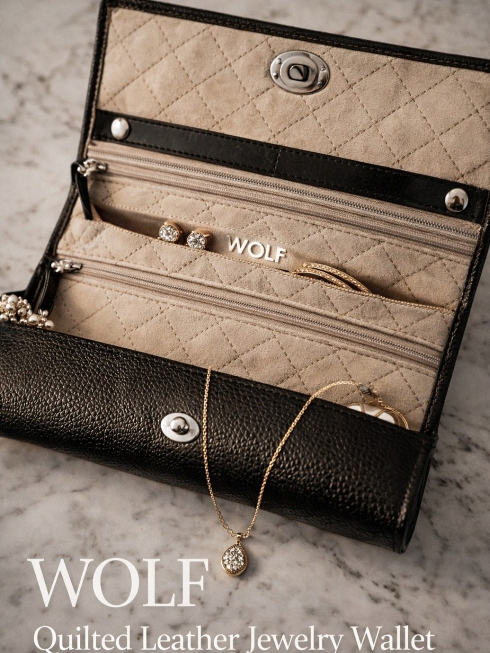 WOLF Handcrafted Luxery Leather Travel Jewelry Case |Anti-Tarnish | Dark Brown